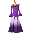 Purple ballroom competition dress with rhinestone lines and a ruffled bardot neckline