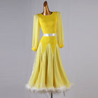 Yellow ballroom dance dress with white feather hem and sheer lantern sleeves