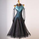 Teal ballroom dance dress with a ruched yoke and black organza skirt