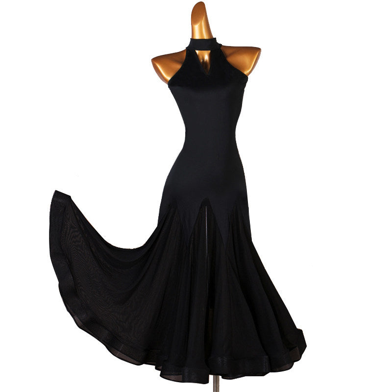 Black sleeveless halter ballroom dance dress with the godet skirt swept out