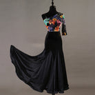 Floral print one shoulder ballroom dress with black fishtail skirt swept out