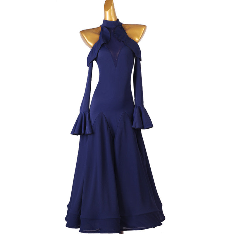 Navy ruffle halter ballroom dance dress with a mermaid chiffon skirt
