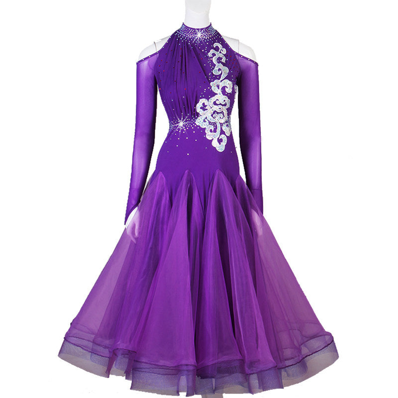 Purple halter ballroom dance dress with silver scroll applique on mannequin