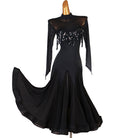 Black ballroom competition dress with sequin fringe bodice, high mesh collar and long mesh sleeves