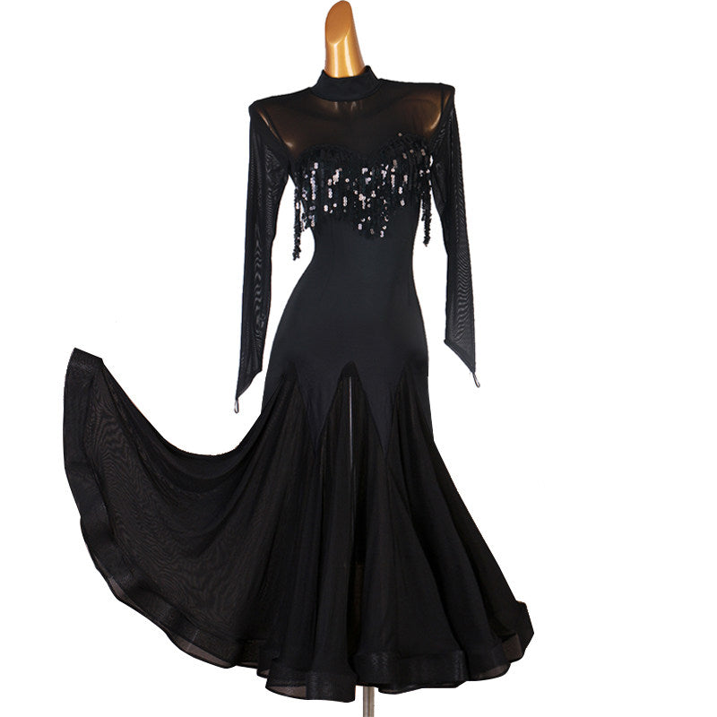 Black ballroom competition dress with sequin fringe bodice, high mesh collar and long mesh sleeves