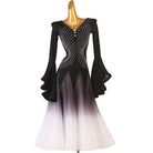 Black ballroom competition dress with a rhinestone starburst bodice and ombre skirt
