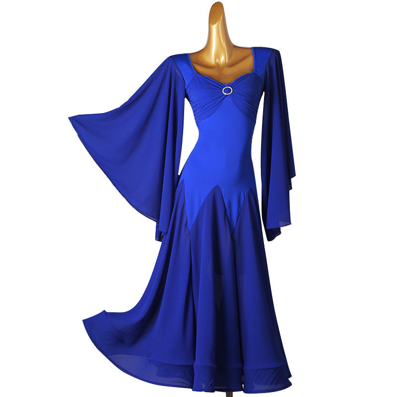 Royal blue ballroom dance dress with wide angel flare sleeves lifted