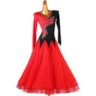 Black and red ballroom competition dress with rose embroidery and red tulle skirt