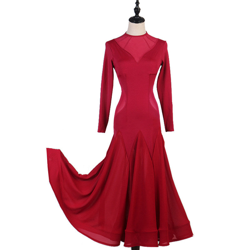Wine red high neck ballroom practice dress with mesh yoke, skirt swept out