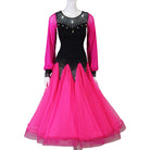 Fuchsia bishop sleeve ballroom dance dress with black velvet bodice