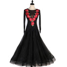 Black ballroom dance dress with red rose applique on sheer mesh bodice
