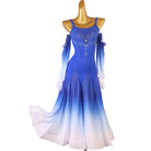 Royal blue ballroom competition dress with silver scroll beading on the bodice