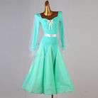Mint green ballroom dance dress with sheer bishop sleeves and satin waist sash