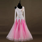 Pink and white ballroom gown with embroidered bodice and pointed panel skirt