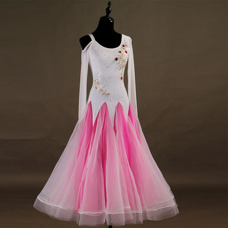 Pink and white ballroom gown with embroidered bodice and pointed panel skirt