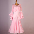 Pink ballroom practice dress with a cape ruffle and tiered ruffle sleeves