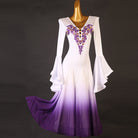 Ivory and purple ombre ballroom competition dress with a beaded neckline