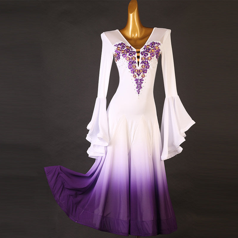 Ivory and purple ombre ballroom competition dress with a beaded neckline