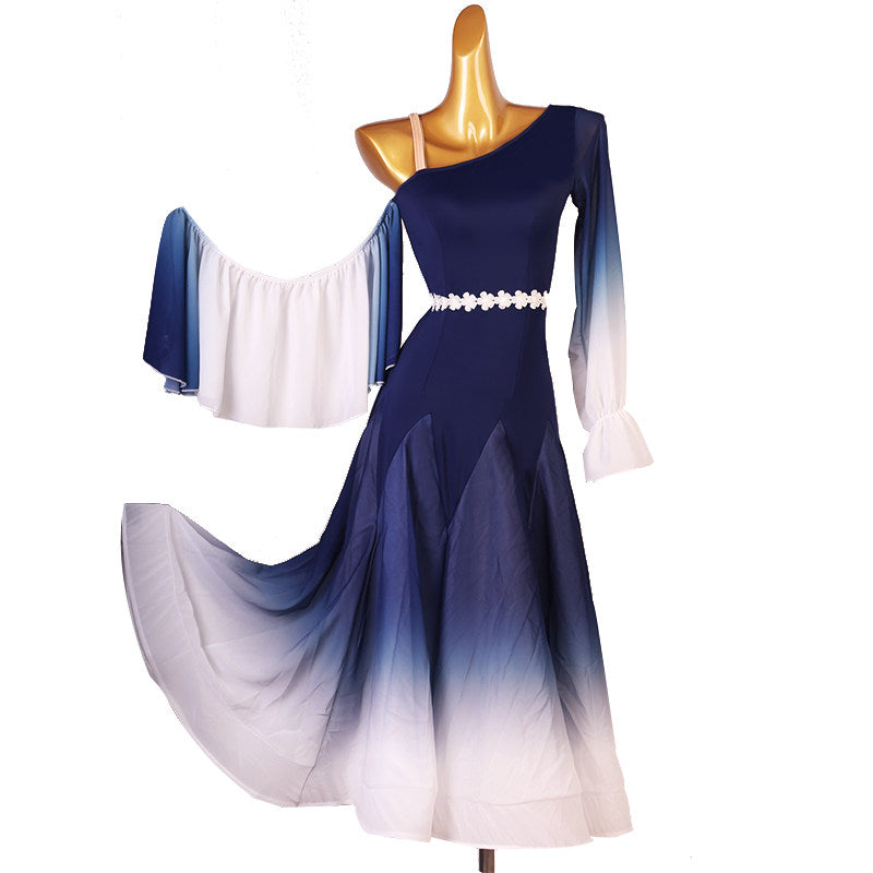 Navy one shoulder ballroom dance dress with wide flounce sleeves lifted
