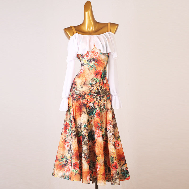 Orange floral print ballroom dance dress with a white bardot ruffle