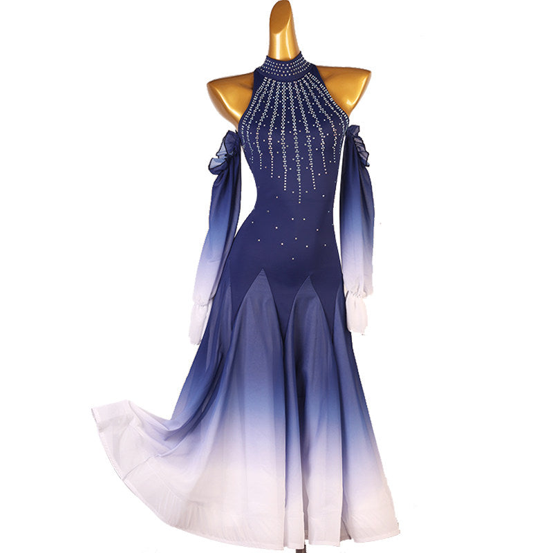 Navy ballroom competition dress with a beaded fan collar and ombre skirt