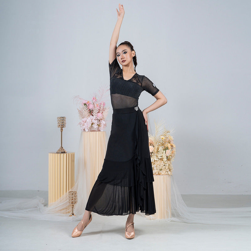 Side ruffle cascade and wrap panel of the black ballroom dance skirt