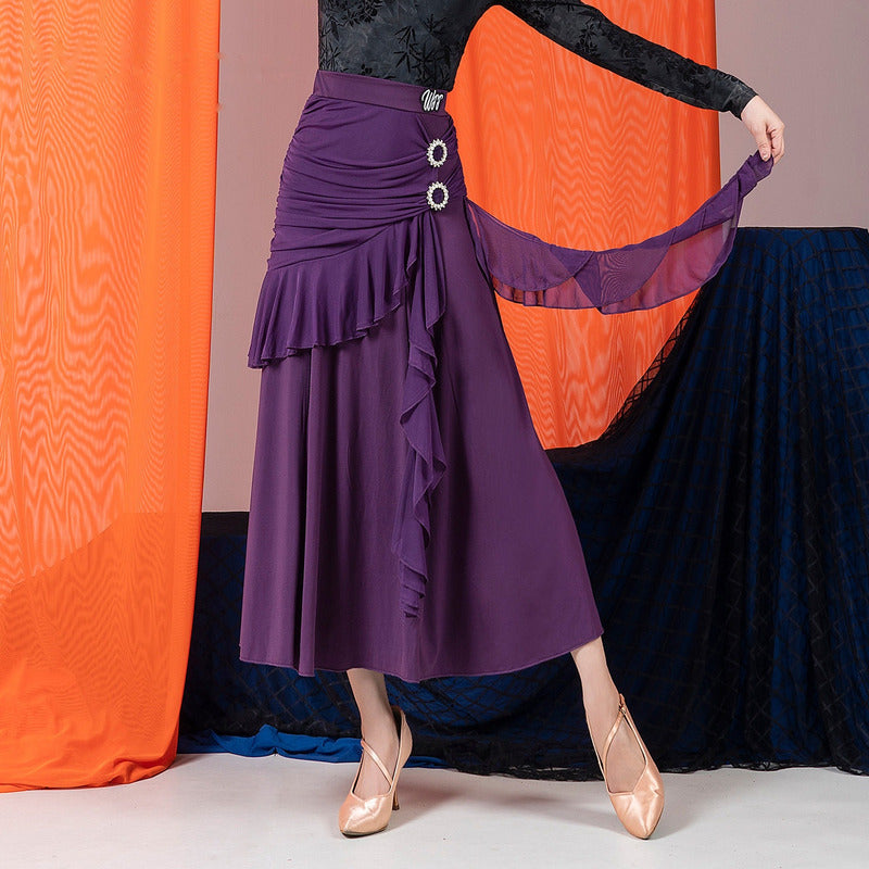 Purple ballroom dance skirt with ruched panel, rhinestone buckles and mesh sash
