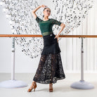 Ruched hip yoke and peplum flounce on the black lace ballroom skirt