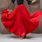 Red double layer chiffon ballroom dance skirt with mesh godets, hip and hem view