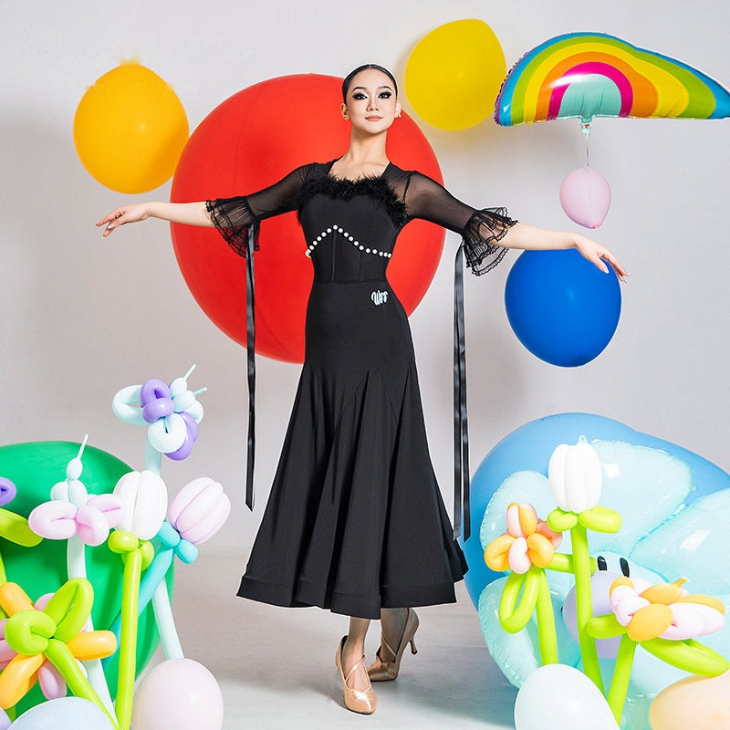 Plain black high waist ballroom practice skirt seen from the front
