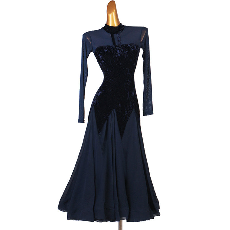 Navy velvet ballroom dance dress with long sleeves and chevron panelled chiffon skirt