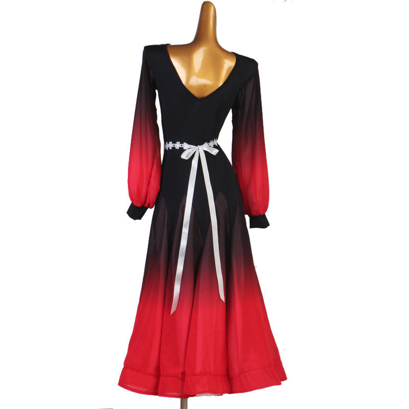 Back view of the ombre ballroom dress showing the V back and satin bow