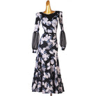 Floral print ballroom dress front view with the mermaid skirt hanging straight
