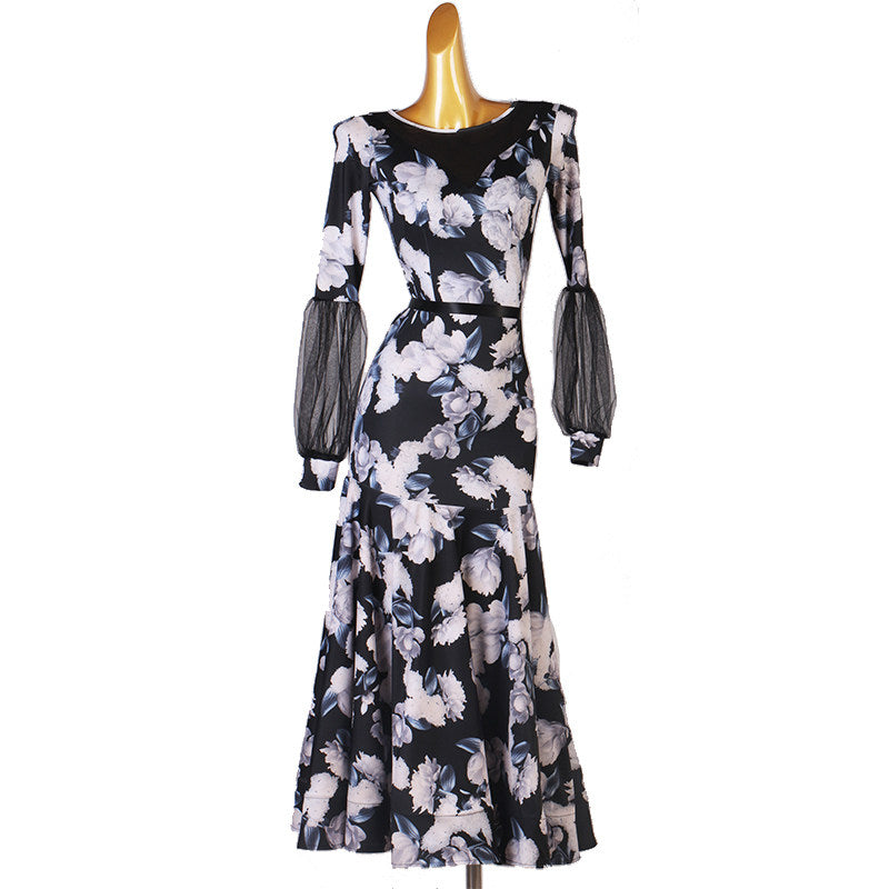 Floral print ballroom dress front view with the mermaid skirt hanging straight
