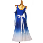 Back view of the royal blue dance dress showing the satin bow at the waist