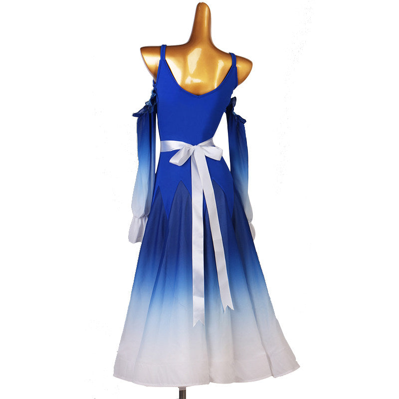 Back view of the royal blue dance dress showing the satin bow at the waist