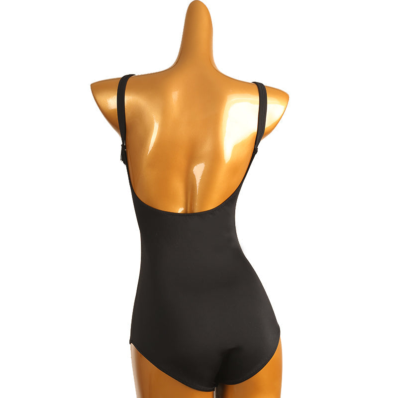 TTdancewear black tassel fringe Latin dance bodysuit, scooped back view
