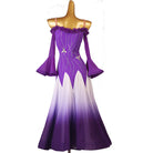 Purple ballroom dress front view with the bell sleeves hanging at the sides