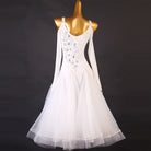 White diagonal rhinestone ballroom dress front view with the tulle skirt spread