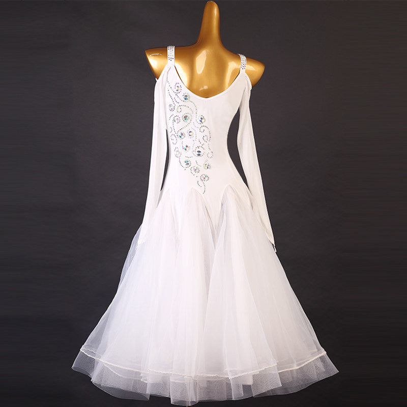 White diagonal rhinestone ballroom dress front view with the tulle skirt spread