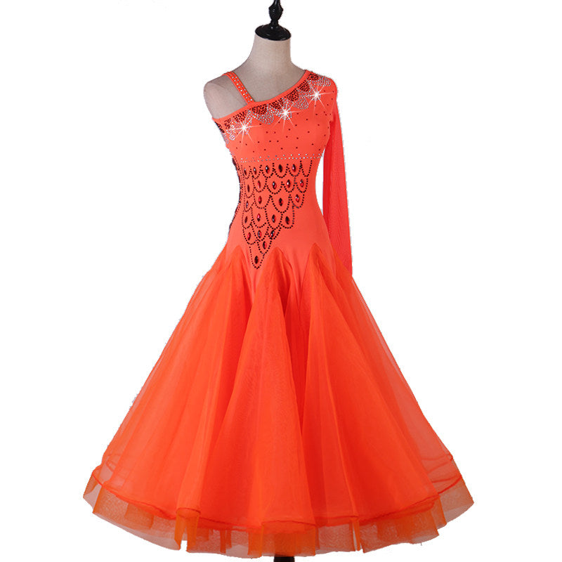 Orange asymmetric ballroom dance dress front view with full tulle skirt