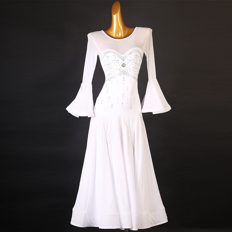 White beaded ballroom dress front view with the circle skirt hanging