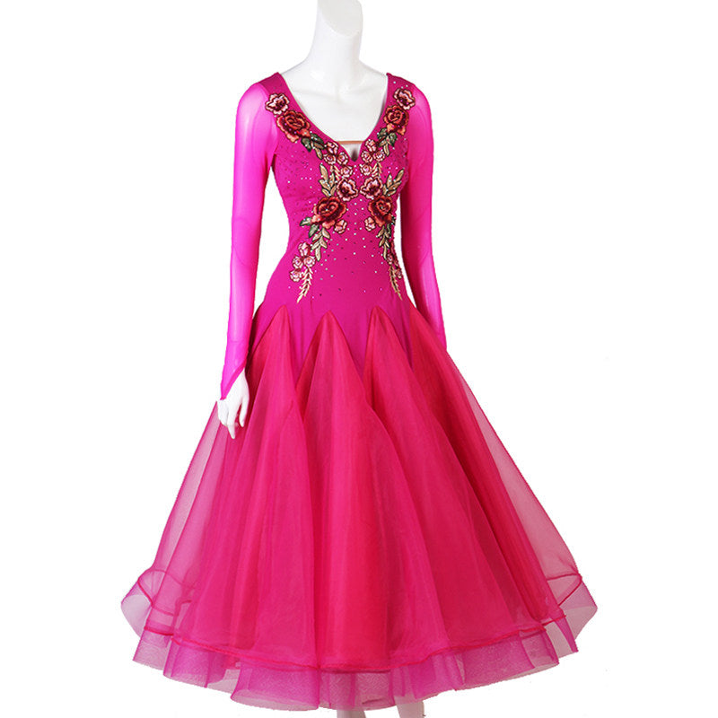 Fuchsia ballroom dance dress front view with layered tulle swing skirt