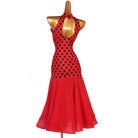 Red polka dot halter ballroom dance dress back view showing the open keyhole