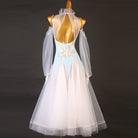 Back view of the light blue ballroom dress showing the deep open back