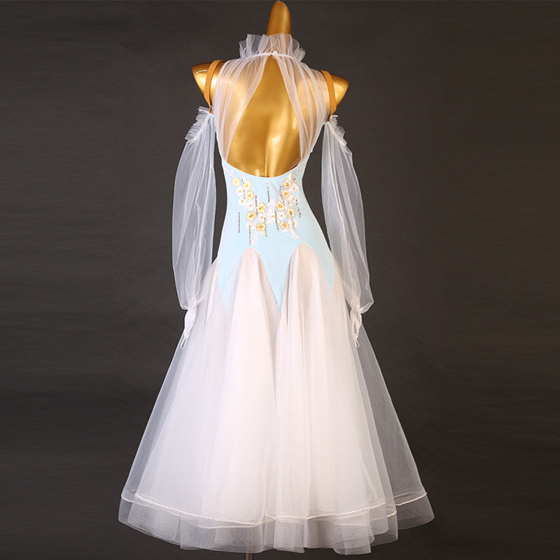 Back view of the light blue ballroom dress showing the deep open back