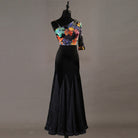 Floral print bodice ballroom dress front view on mannequin