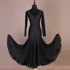 Black ballroom practice dress front view with chiffon godet skirt