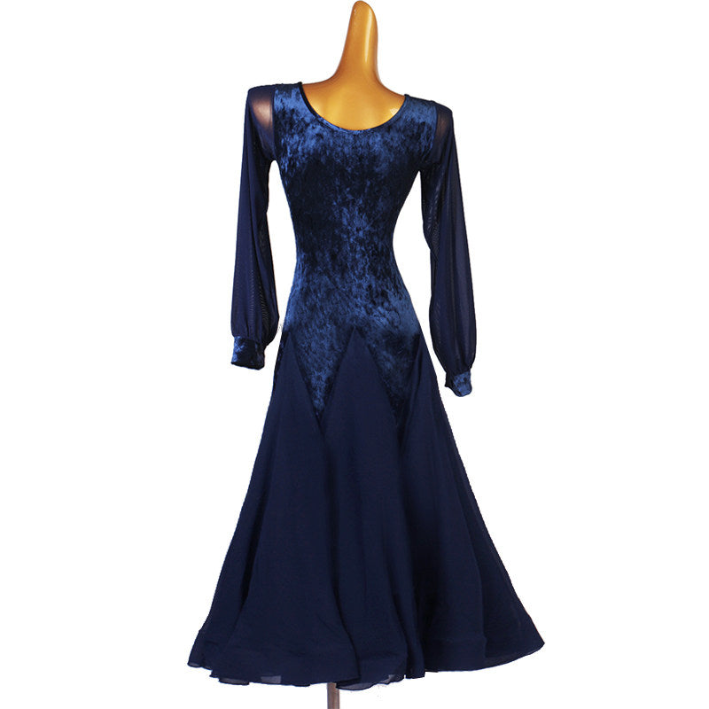 Navy velvet ballroom dance dress back view with panelled chiffon skirt