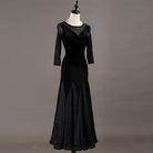 Black ballroom practice dress front view on mannequin with fishtail hem